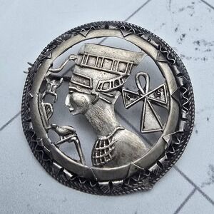 Vintage Sterling Silver Nefertiti Egyptian Revival Brooch Ankh Pin 8.5g